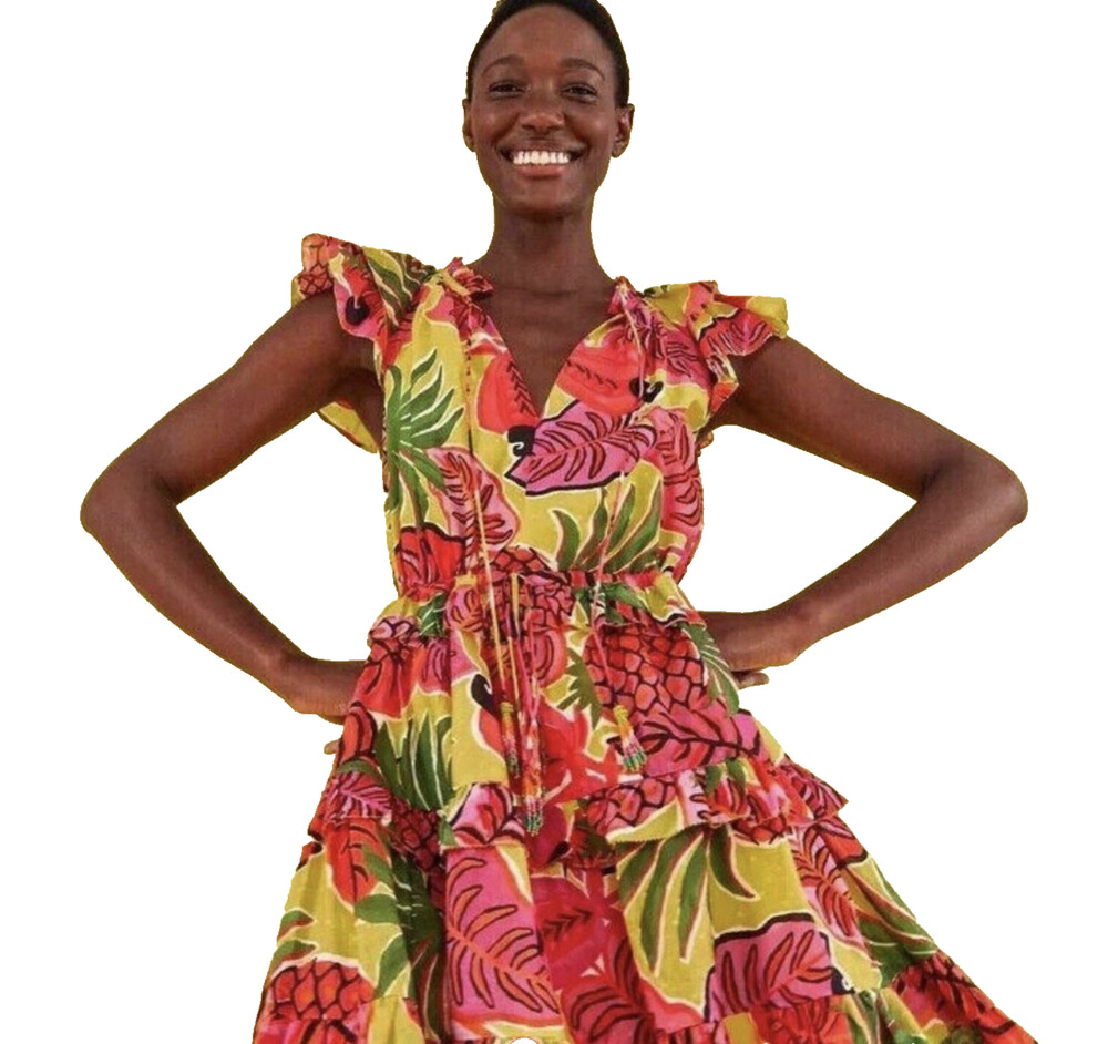 FARM RIO WOMENS XL PINEAPPLE TROPICAL PRINT RUFFLE TIERED MINI DRESS